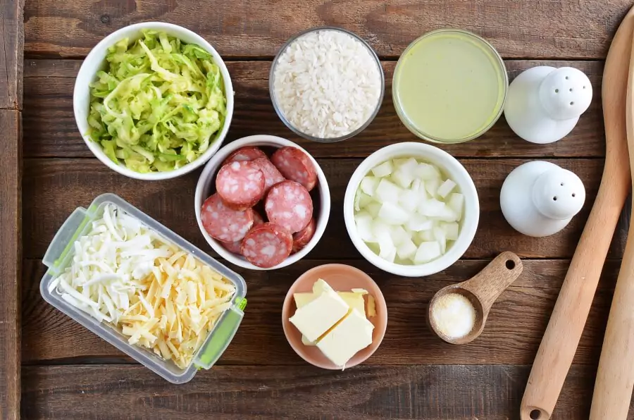 Ingredients for Gluten Free Cheesy Sausage Zucchini Rice Skillet