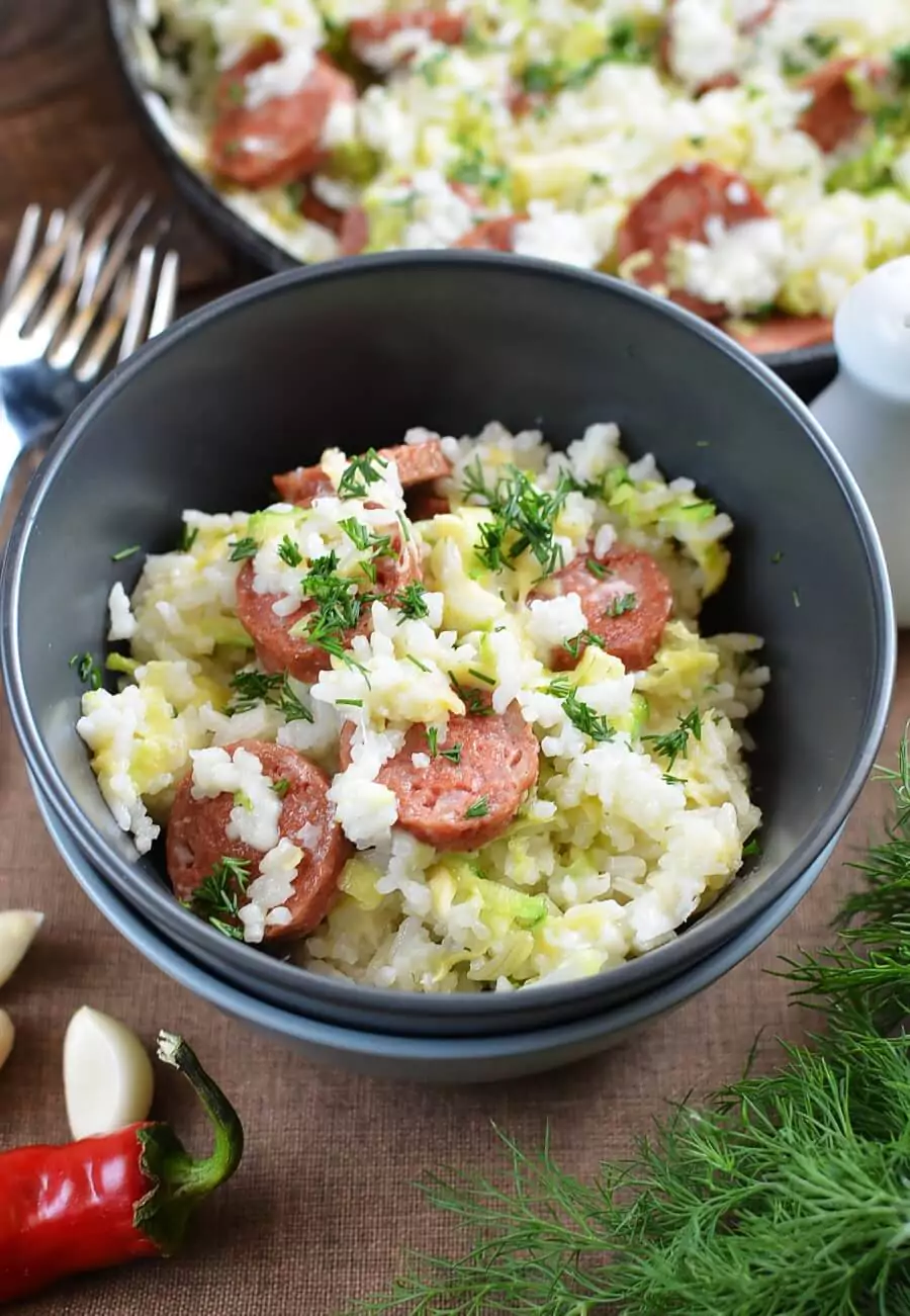 Gluten Free Cheesy Sausage Zucchini Rice Skillet
