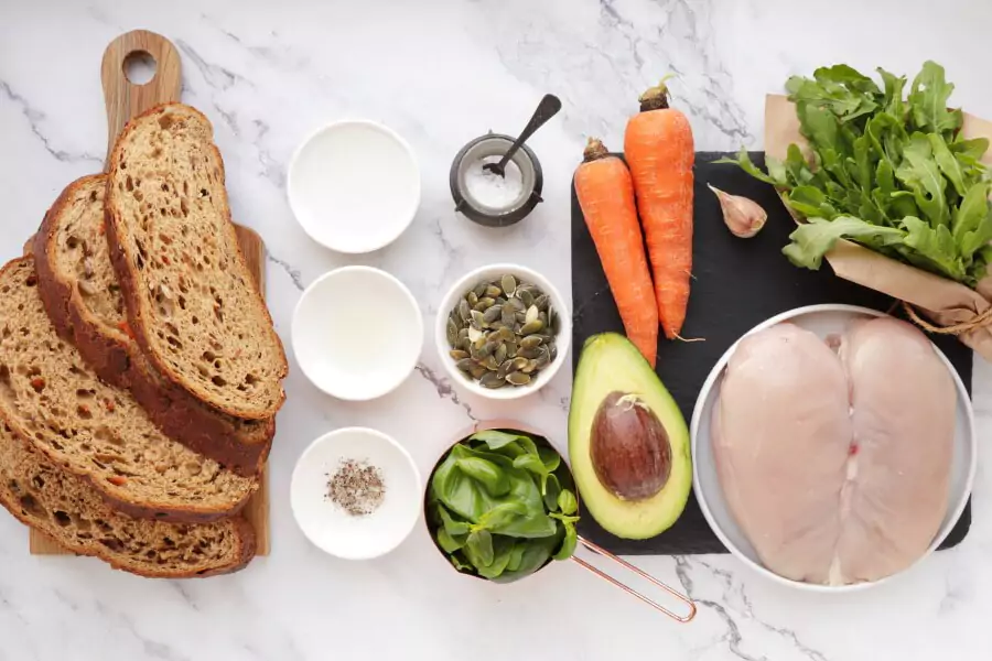 Ingredients for Healthy Pesto, Avocado and Chicken Salad Sandwich
