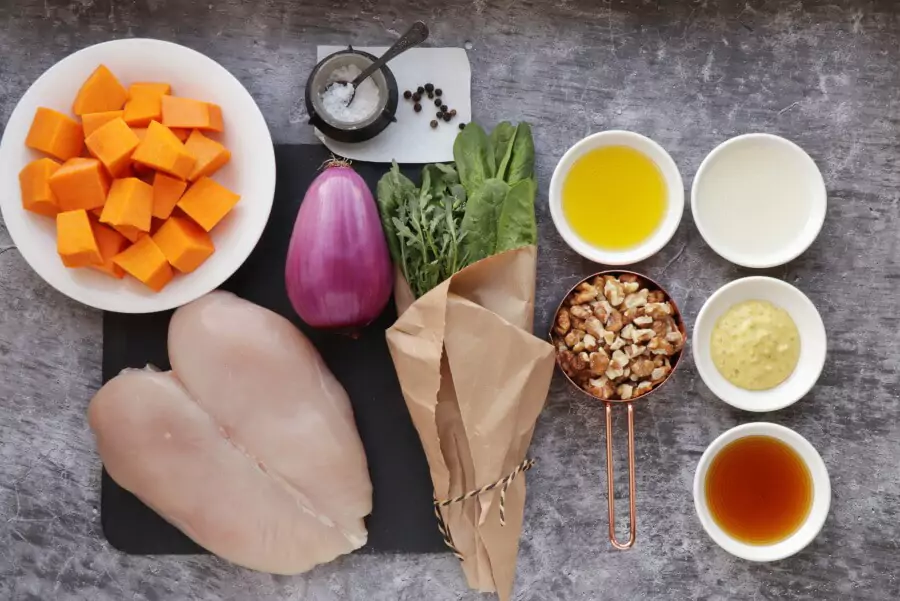 Ingredients for Maple-Roasted Pumpkin and Chicken Salad