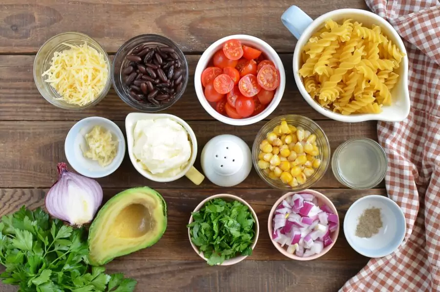 Ingredients for Mexican Pasta Salad with Creamy Avocado Dressing