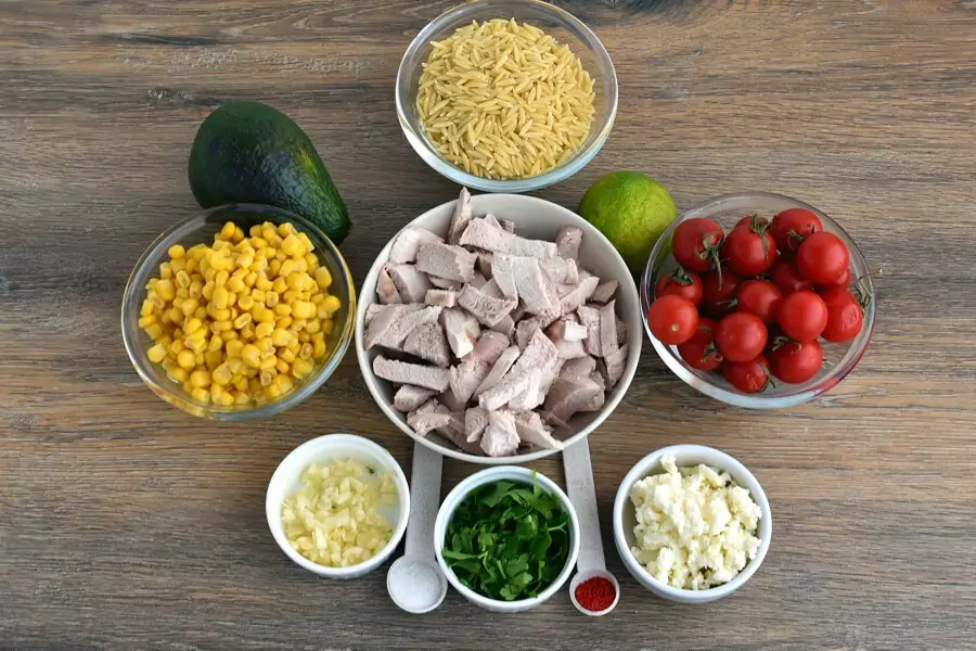 Ingredients for Orzo Chicken Salad with Avocado-Lime Dressing