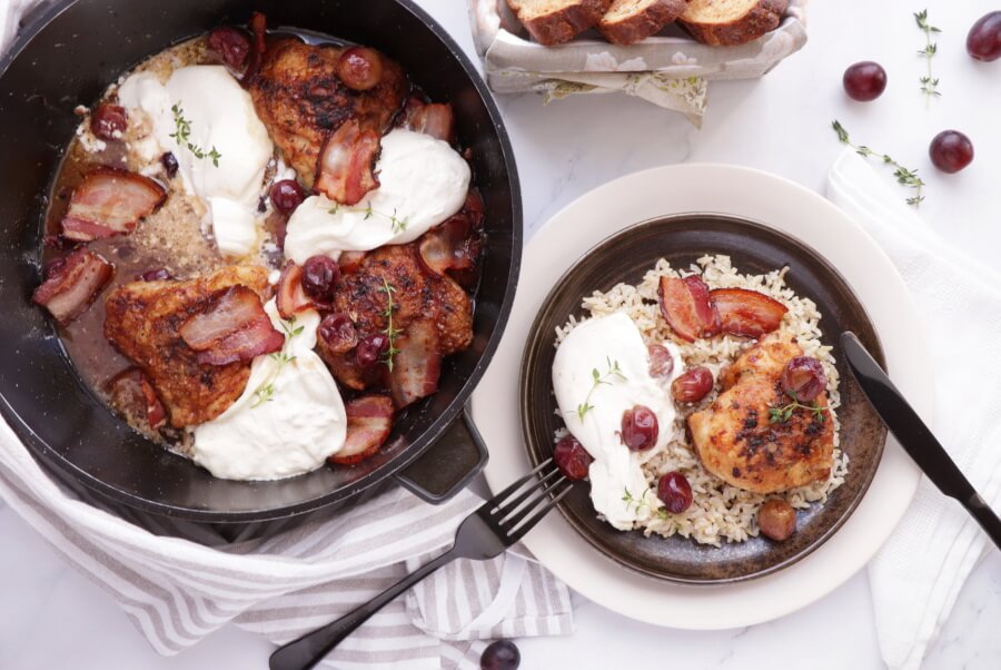 Thyme Roasted Chicken with Grapes and Burrata Recipe-How to Make Thyme Roasted Chicken with Grapes and Burrata-Delicious Thyme Roasted Chicken with Grapes and Burrata