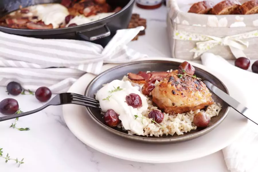 Thyme Roasted Chicken with Grapes and Burrata