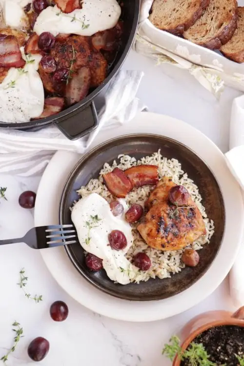 Thyme Roasted Chicken with Grapes and Burrata