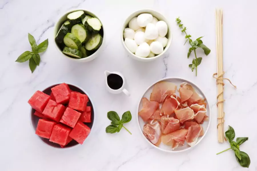 Ingredients for Watermelon, Mozzarella and Prosciutto Skewers