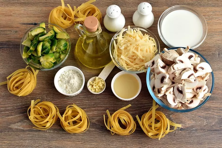Ingredients for Creamy Fettuccine with Brussels Sprouts and Mushrooms