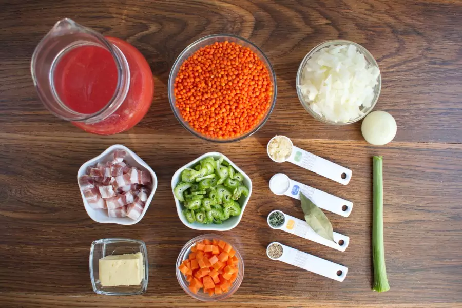 Ingredients for Lentil Soup with Salt Pork