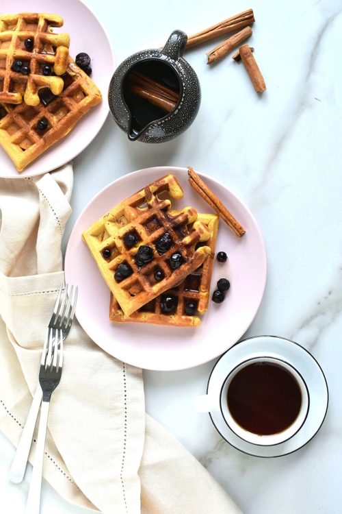 Pumpkin Waffles with Cinnamon Maple Syrup