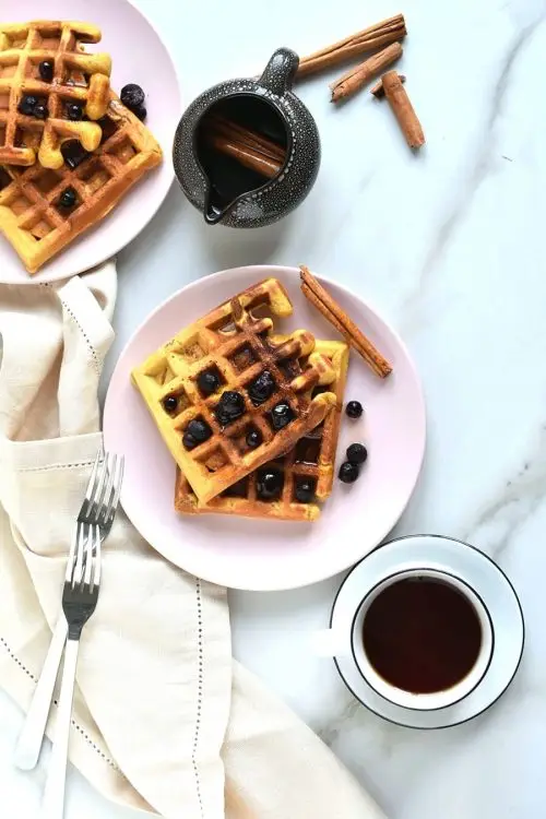 Pumpkin Waffles with Cinnamon Maple Syrup