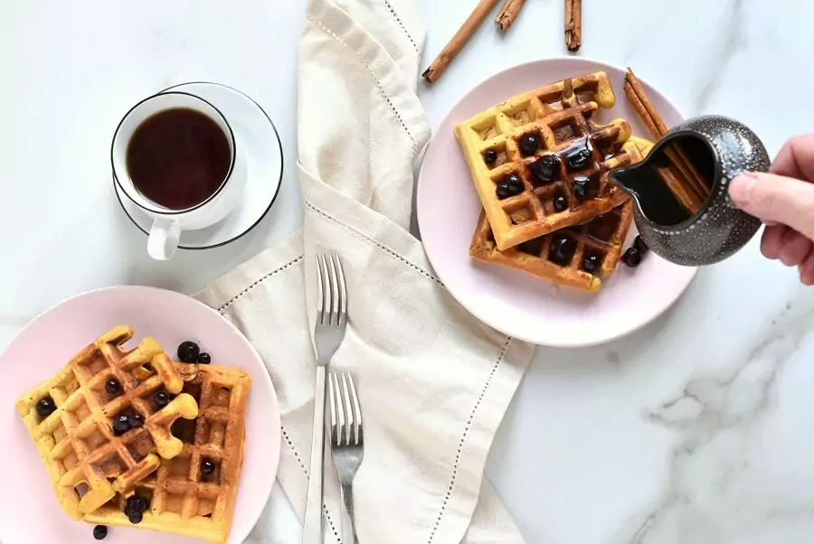 Pumpkin Waffles with Cinnamon Maple Syrup