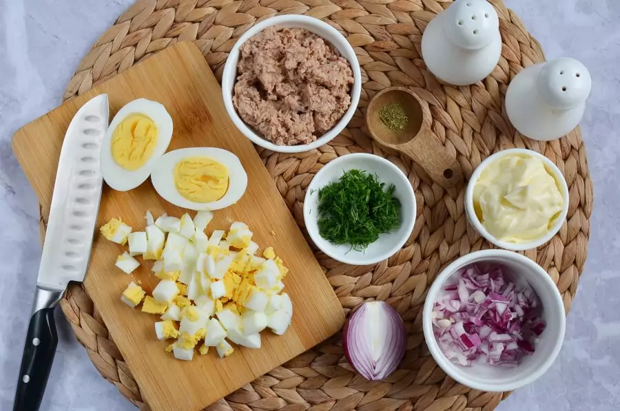 Ingredients for Tuna Salad with Eggs, Dill, and Red Onion