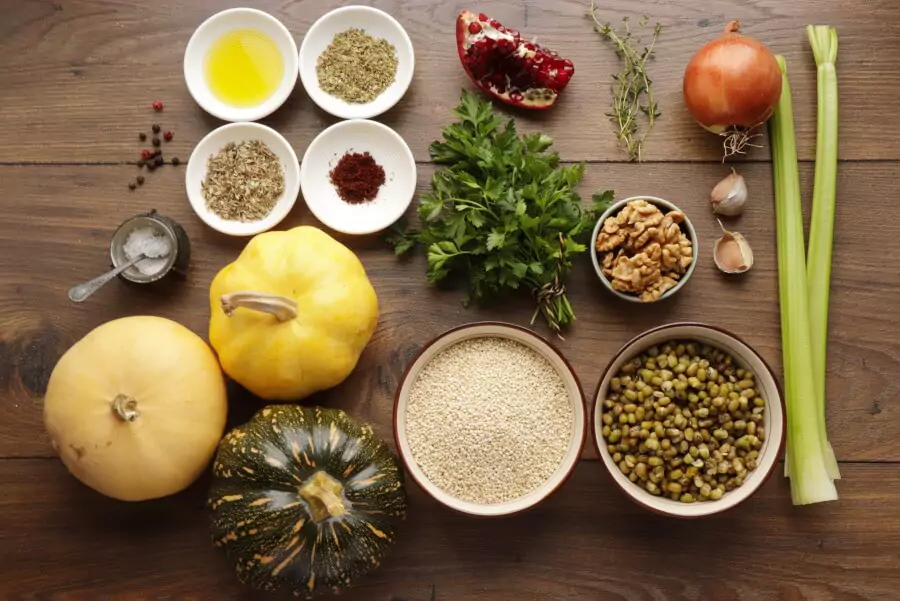 Ingredients for Vegan Quinoa Stuffed Squash with Walnuts and Pomegranate