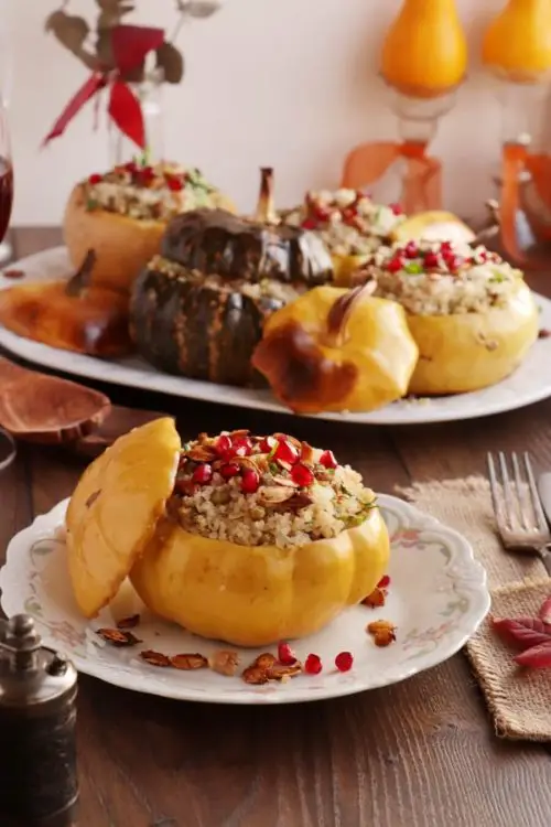 Vegan Quinoa Stuffed Squash with Walnuts and Pomegranate
