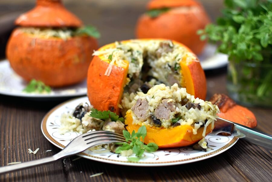 Sausage & Rice Stuffed Pumpkins Recipe-How To Make Sausage & Rice Stuffed Pumpkins-Delicious Sausage & Rice Stuffed Pumpkins