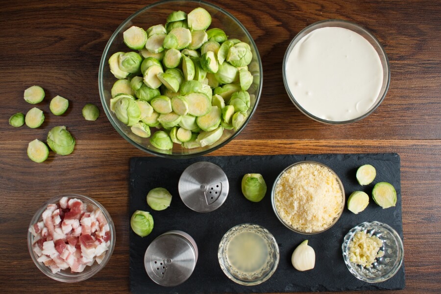 Ingridiens for Brussels Sprouts in Alfredo Sauce