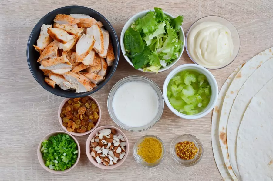 Ingredients for Coronation Chicken Salad Wraps