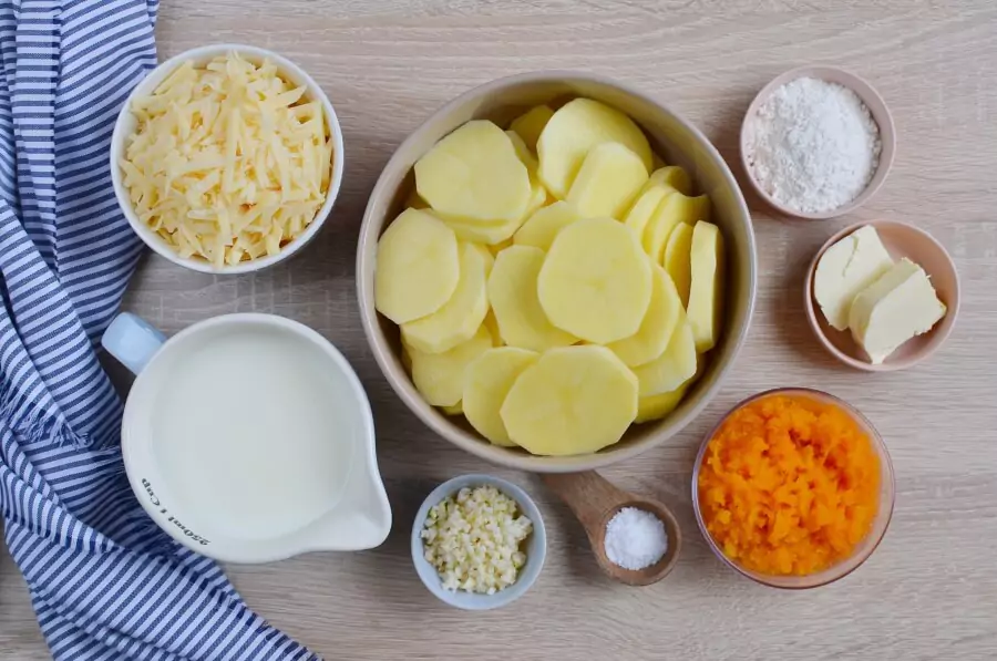 Ingredients for Creamy Pumpkin and Cheddar Scalloped Potatoes