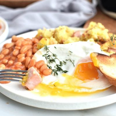 Ham & potato hash with baked beans & healthy ‘fried’ eggs Recipe-How To Make Ham & potato hash with baked beans & healthy ‘fried’ eggs-Delicious Ham & potato hash with baked beans & healthy ‘fried’ eggs