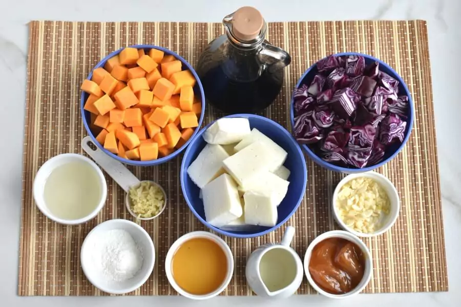 Ingredients for Stir-Fried Tofu, Red Cabbage and Winter Squash
