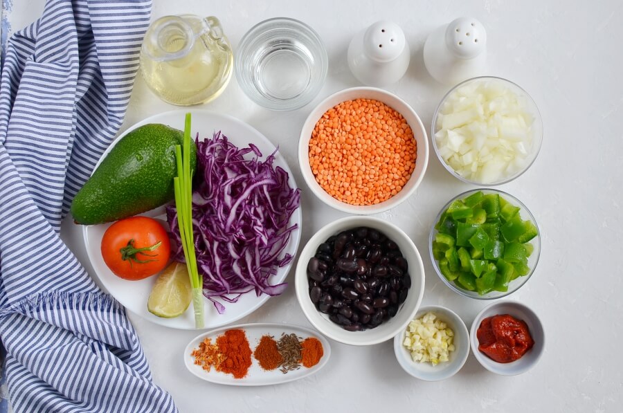 Ingridiens for Vegan Lentil Taco Salad Bowls