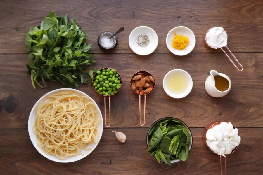 Ingredients for Winter Pesto Spaghetti with Lemon Ricotta