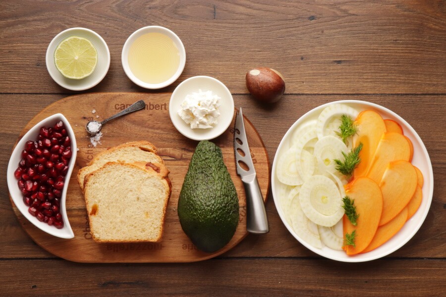 Ingridiens for Avocado Toast with Persimmon and Pomegranate