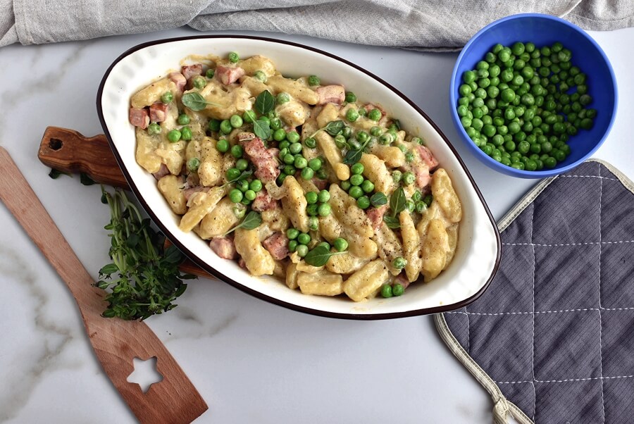 How to serve Creamy Baked Gnocchi with Ham and Peas