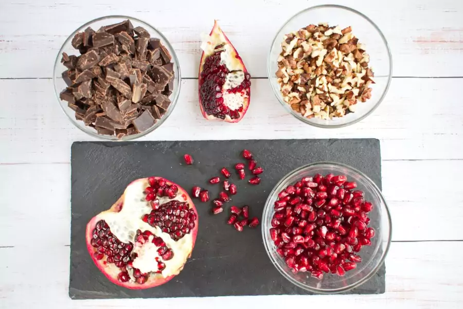 Ingredients for Dark Chocolate Walnut Pomegranate Clusters