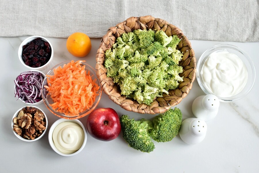 Ingridiens for Fresh Broccoli and Apple Salad with Walnuts
