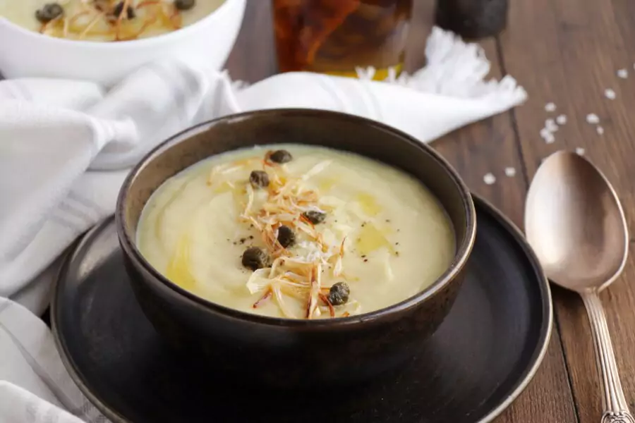 Cauliflower Soup with Frizzled Leeks and Capers
