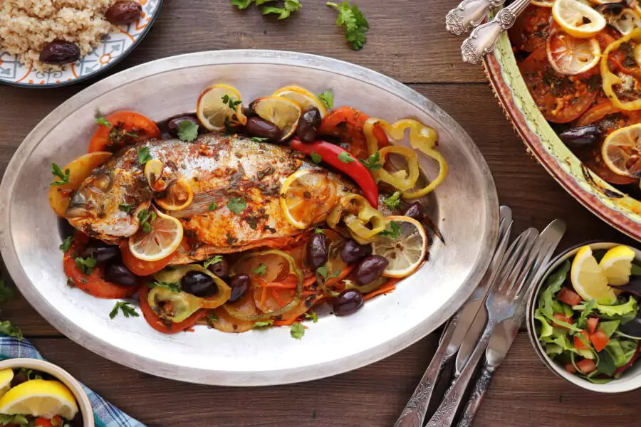 Moroccan Baked Fish Tagine with Potatoes, Carrots, Tomatoes and Peppers Recipe-Baked Fish Tagine-Oven Baked Fish with Chermoula