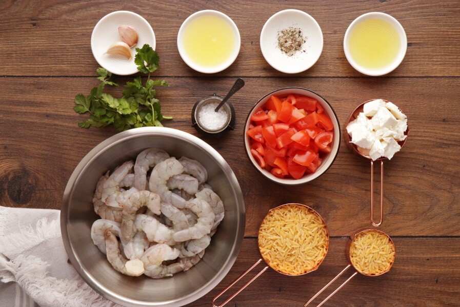 Ingridiens for Shrimp Orzo with Feta