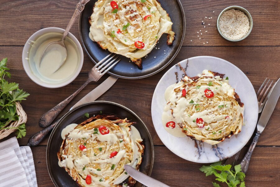 How to serve Vegan Cabbage Steaks with Tahini Sauce