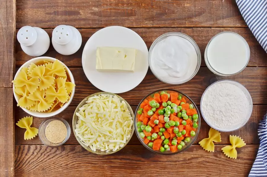 Ingredients for White Cheddar Farfalle with Peas & Carrots