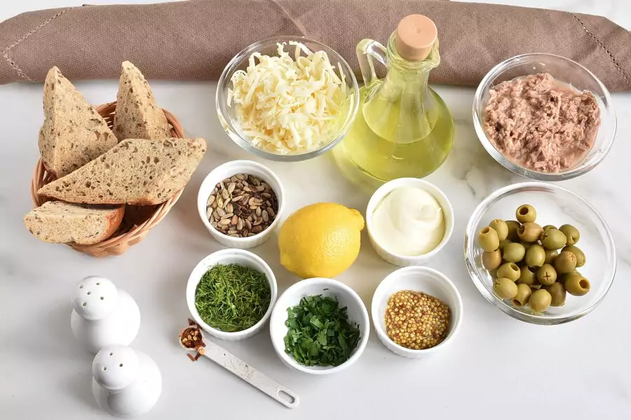 Ingredients for Cheesy Tuna Melts with Olive Salsa