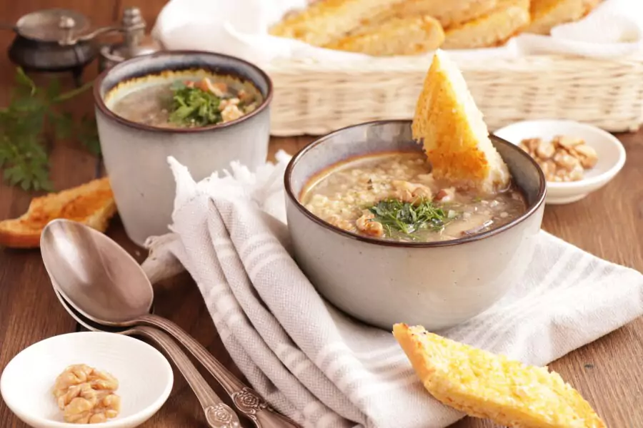 Mushroom Millet Soup with Cheesy Garlic Bread