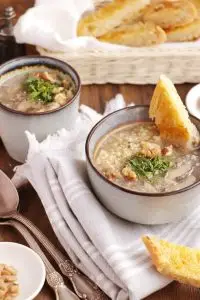 Mushroom Millet Soup with Cheesy Garlic Bread