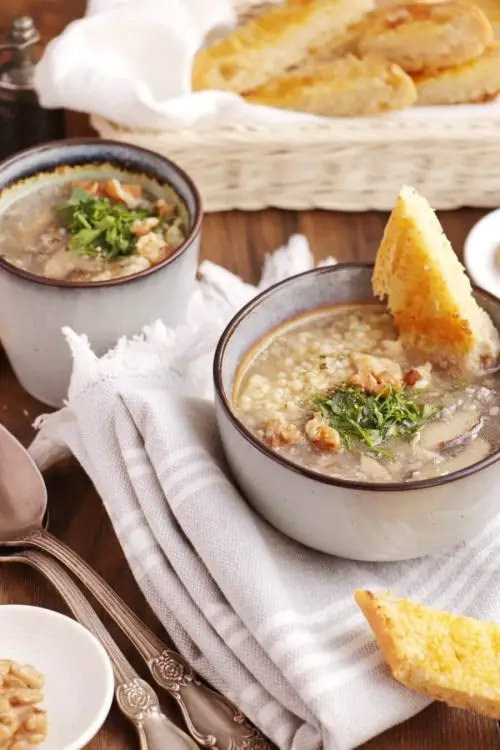 Mushroom Millet Soup with Cheesy Garlic Bread