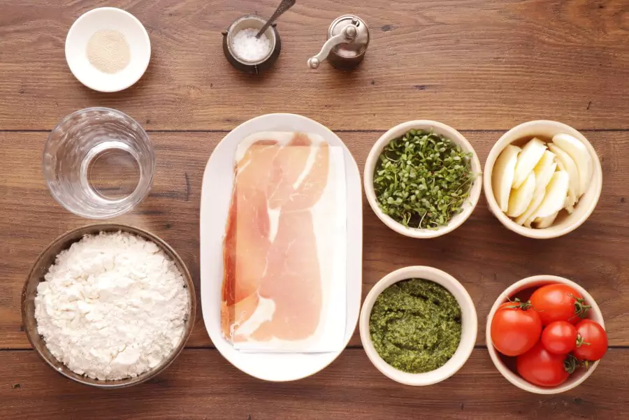 Ingredients for Pizza with Pesto, Mozzarella, and Microgreens