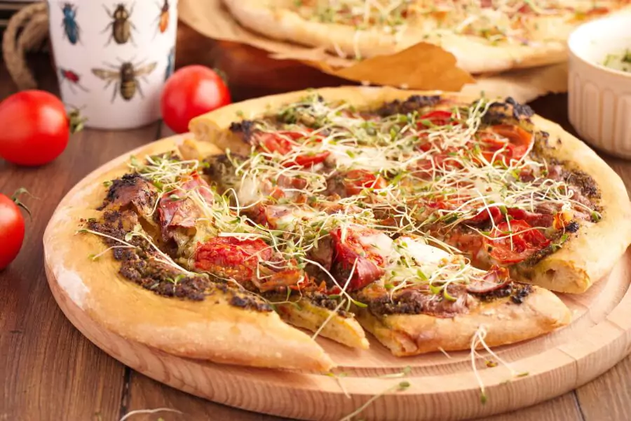 Pizza with Pesto, Mozzarella, and Microgreens
