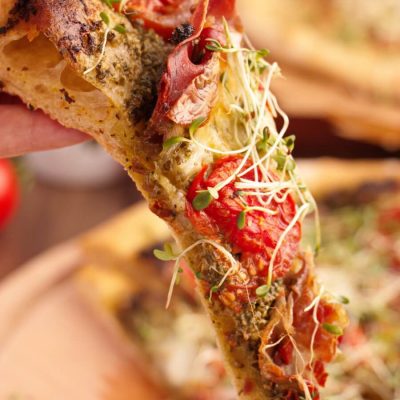 Pizza with Pesto, Mozzarella and Arugula Microgreens Recipe-Microgreens Pizza-Spring Pesto Microgreens Pizza