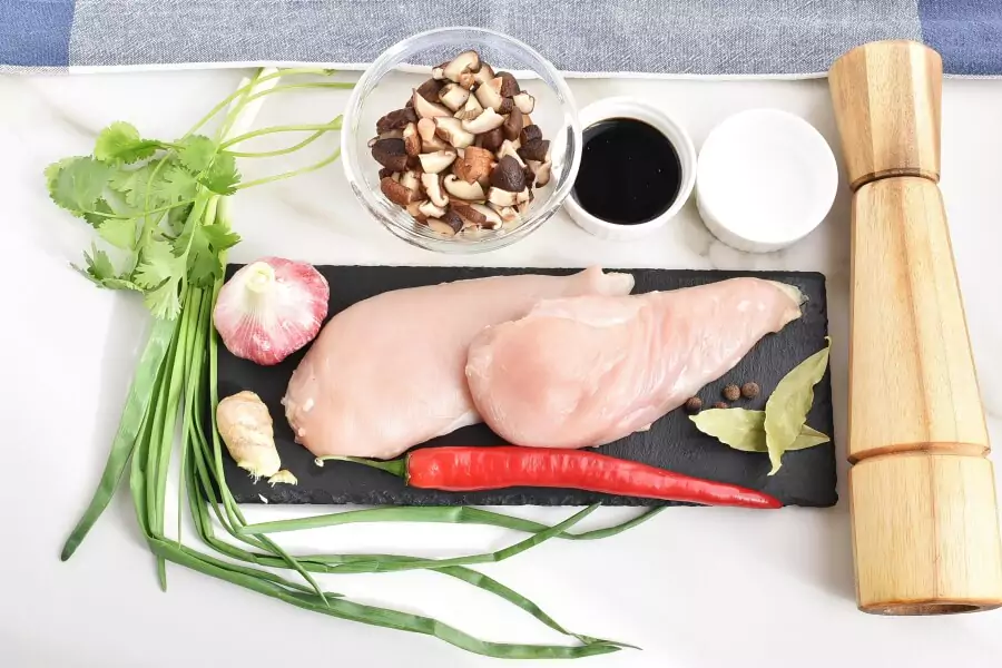 Ingredients for Brothy Poached Chicken with Mushrooms