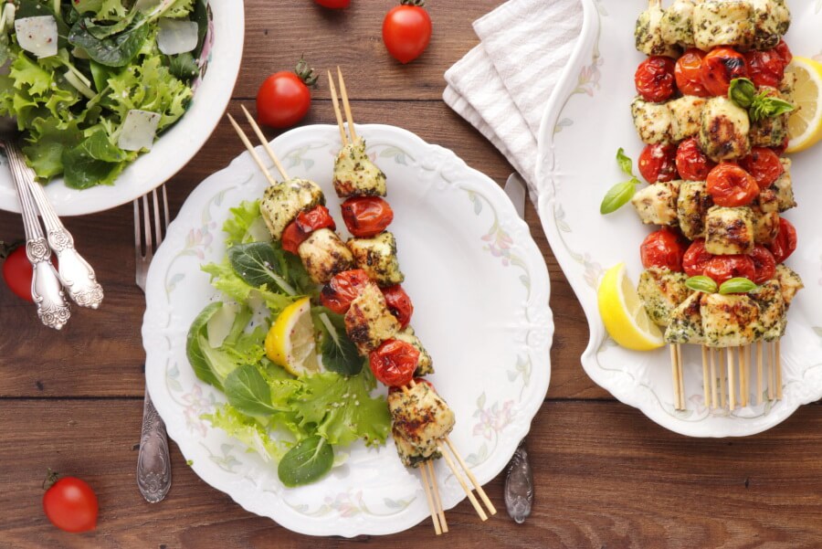 Grilled Chicken and Tomato Kebabs Recipe-Grilled Pesto Chicken and Tomato Kebabs-Grilled Chicken