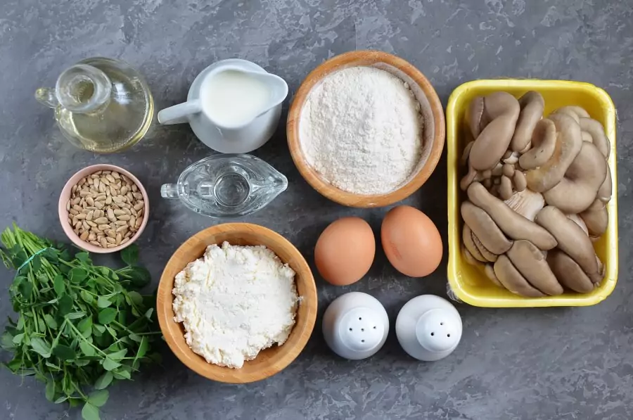 Ingredients for Pea Shoot Pancakes with Oyster Mushrooms