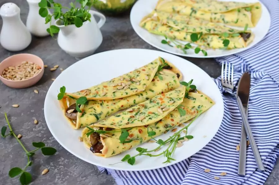 Pea Shoot Pancakes with Oyster Mushrooms