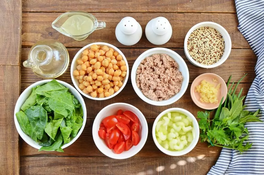 Ingredients for Quinoa, Tuna, and Chickpea Salad