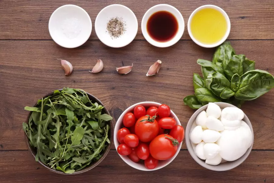 Ingredients for Roasted Tomato and Burrata Caprese Salad