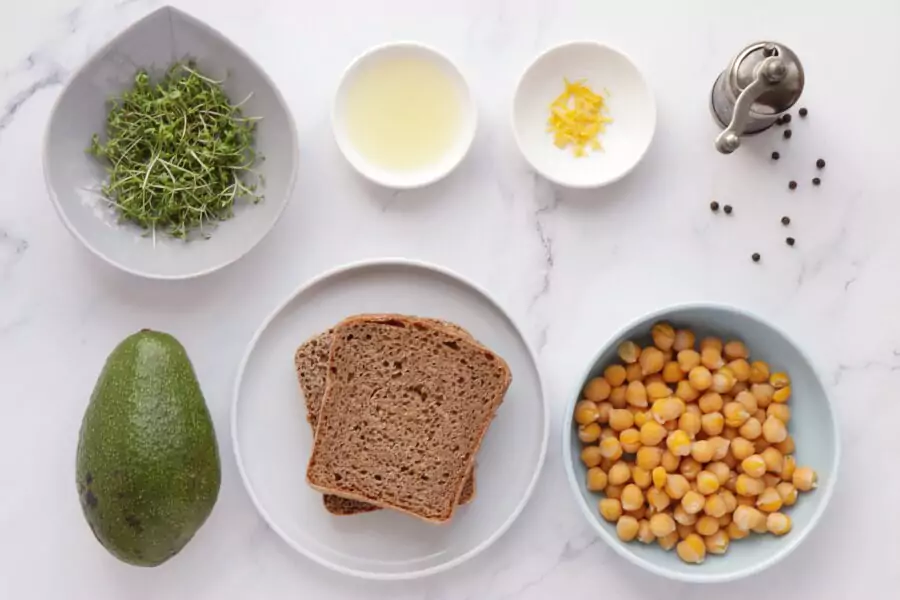 Ingredients for Salad Cress Avocado and Chickpea Open Sandwich