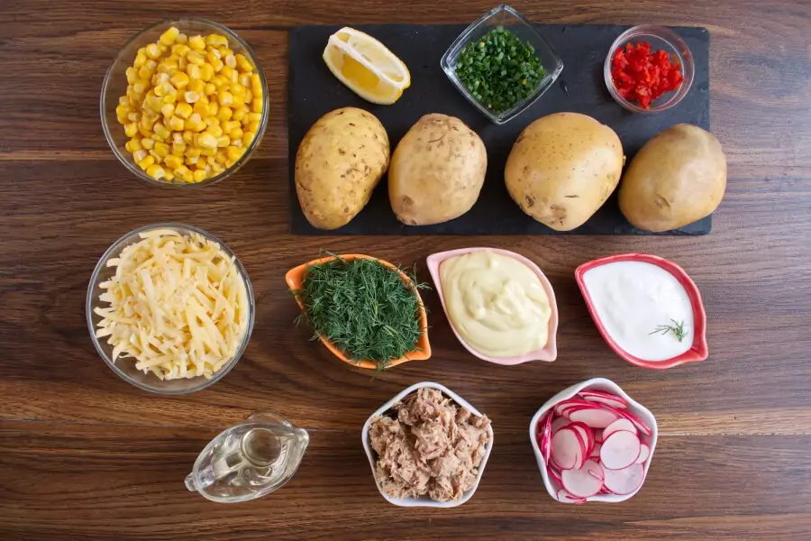 Ingredients for Tuna and Sweetcorn Jacket Potatoes